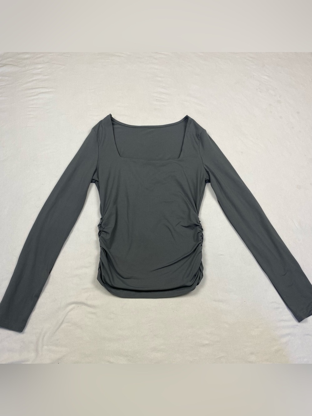 Women's Long Sleeve Square Neck Ruched Top - Dark Gray